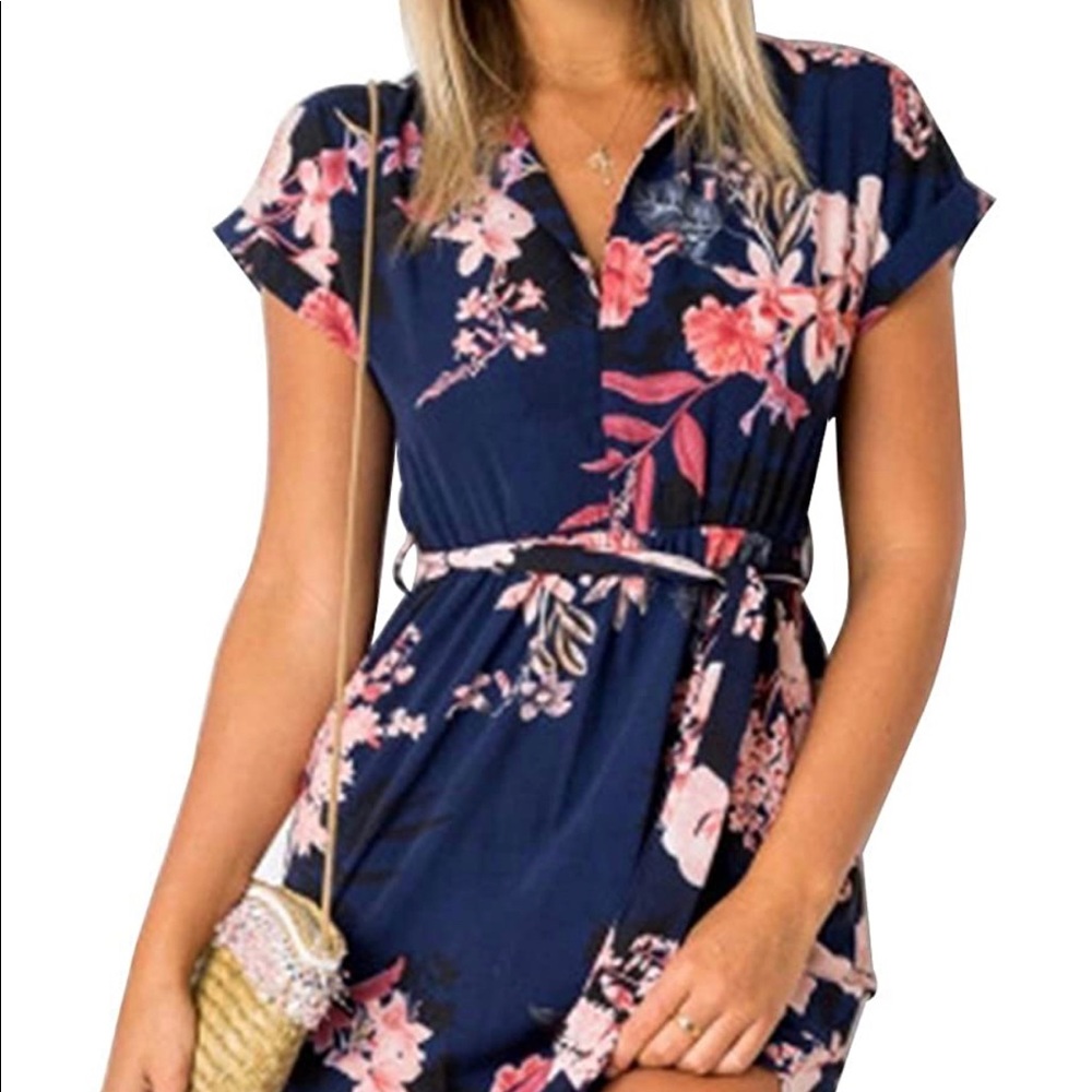 Floral Short Sleeve Midi V-Neck Casual Dress w/Belt 2XL